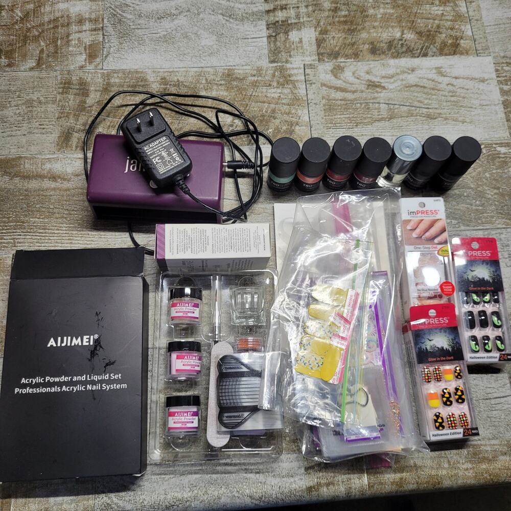 Assorted Nail Strips, Press ons, Acrylic Powder, Gel lamp, gel polish, nail stic